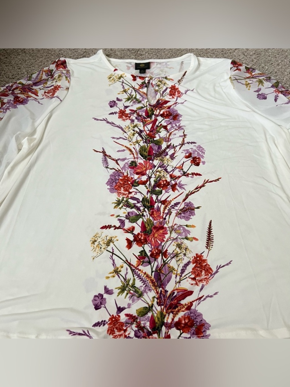 JM Collection Cream Long Sleeve Top with Red & Purple Floral Panel
